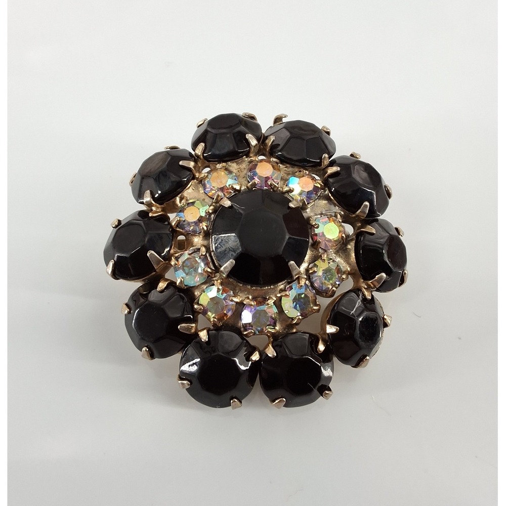 Vintage‎ 1960s Black Rhinestone & Aurora Borealis Sunburst Tiered Brooch Pin